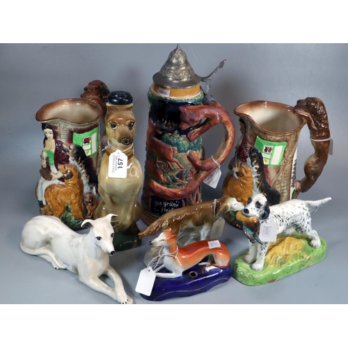 157 - Collection of ceramic dogs including: Lurchers and Alton Setter dog with prey together with two repr... 