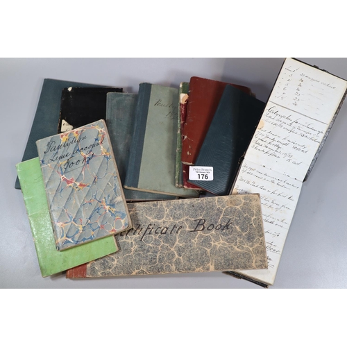 176 - Box of Victorian Welsh ephemera to include: Certificate book 1850s, Poultry Book 1874, Pantyllyn Lim... 