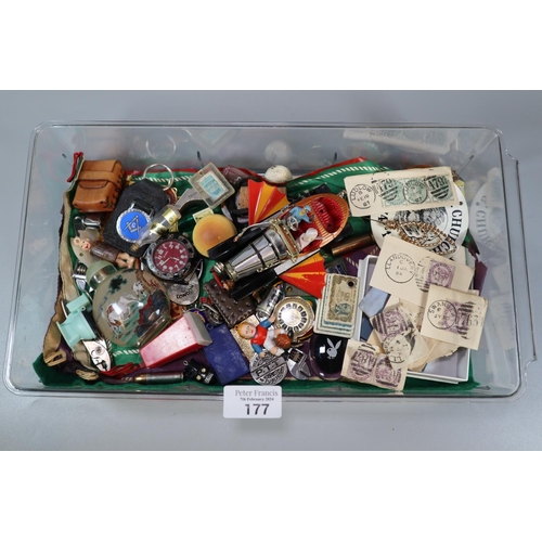 177 - Plastic box comprising Corgi Chitty Chitty Bang Bang car, Victorian envelopes, letters and stamps, S... 