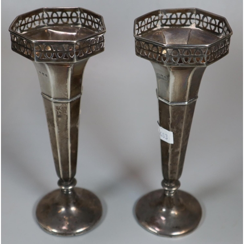 192 - Pair of Edward VII silver tapering vases, Birmingham 1909.  5.5 troy oz approx.  (B.P. 21% + VAT)