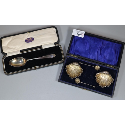 195 - Silver cased christening spoon, Sheffield hallmarks.  0.9 troy oz approx.  together with a cased pai... 