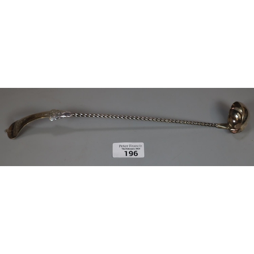 196 - Unusual antique silver toddy ladle with spiral shaft and engraved decoration, indistinct hallmarks. ... 