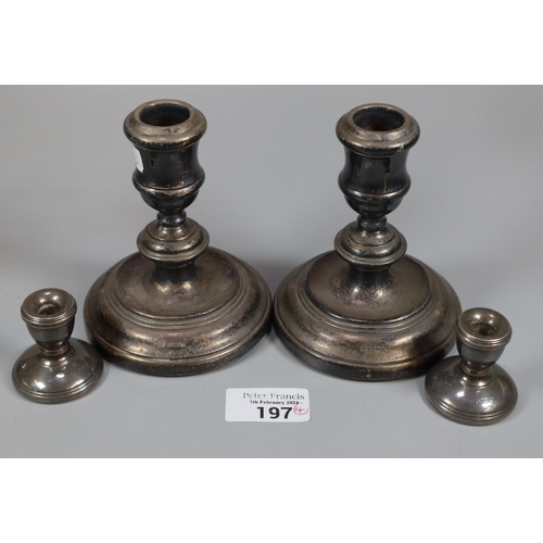 197 - Pair of silver loaded dwarf candlesticks with Birmingham hallmarks together with a pair of miniature... 