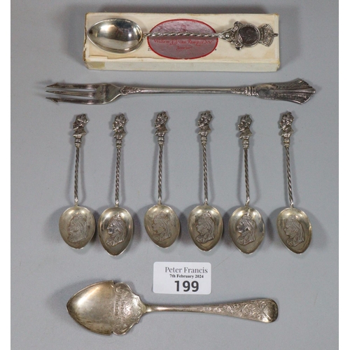 199 - Bag of mainly silver spoons: commemorative etc. together with a silver pickle fork.  3.6 troy oz app... 