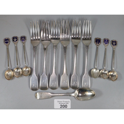 200 - Bag of silver flatware: spoons and forks, some with blue enamel terminals marked Calcutta, Bombay et... 