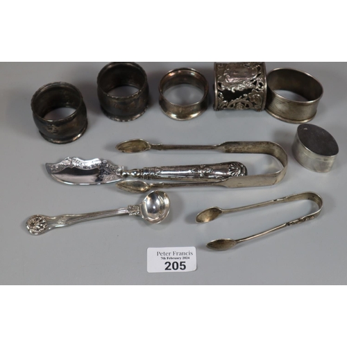 205 - Box of assorted silver to include: napkin rings, sugar nips, pill box etc.  (B.P. 21% + VAT)