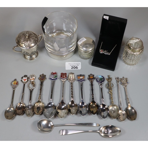 206 - Plastic tub of assorted silver and other items to include: two handled presentation trophy cup and c... 