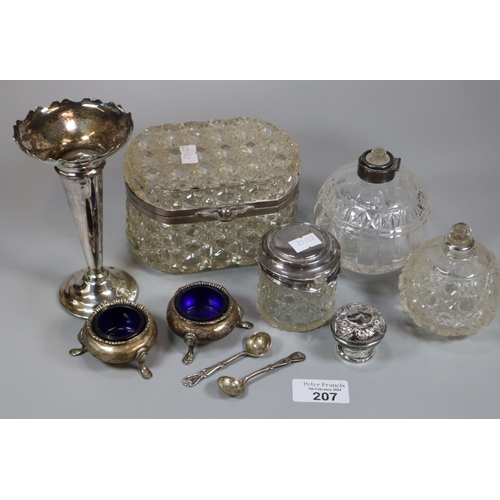 207 - Tray of silver, silver plated and glass items to include: pair of silver salts with blue glass liner... 