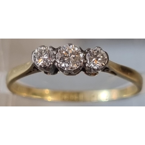 208 - 18ct gold on platinum three stone diamond ring.  1.7g approx.  Size N1/2.  (B.P. 21% + VAT)