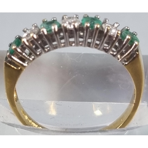 213 - 18ct gold diamond and emerald seven stone ring.  2.4g approx.  Size K.  (B.P. 21% + VAT)