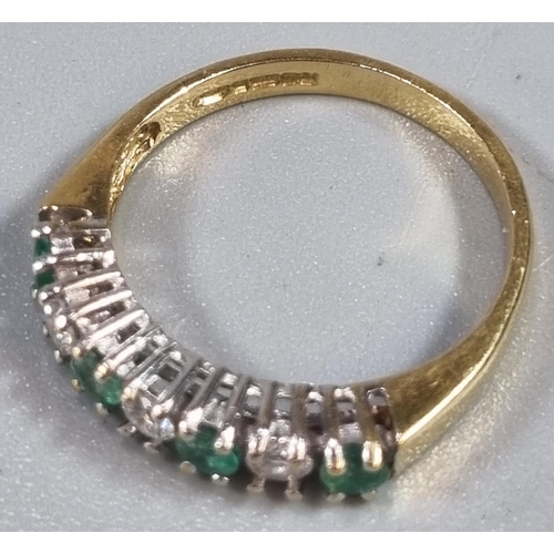 213 - 18ct gold diamond and emerald seven stone ring.  2.4g approx.  Size K.  (B.P. 21% + VAT)