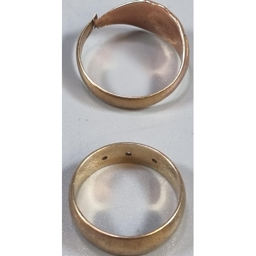 216 - 9ct gold wedding band with two diamond chips (missing one stone).  3.3g approx.  Size M.  together w... 