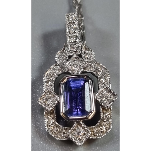 219 - Silver chain with Art Deco style diamond and tanzanite pendant, with Gems TV Promise Certificate.  (... 