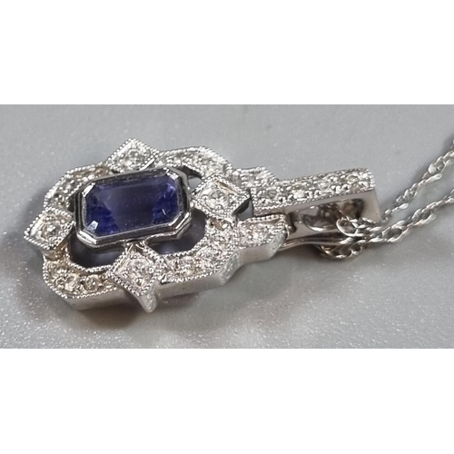 219 - Silver chain with Art Deco style diamond and tanzanite pendant, with Gems TV Promise Certificate.  (... 