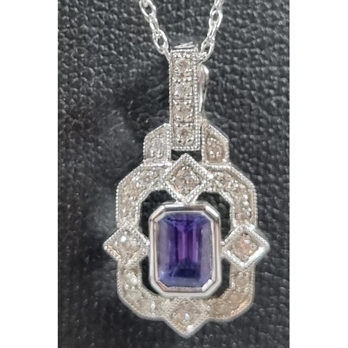 219 - Silver chain with Art Deco style diamond and tanzanite pendant, with Gems TV Promise Certificate.  (... 