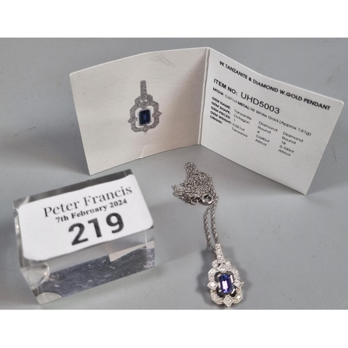 219 - Silver chain with Art Deco style diamond and tanzanite pendant, with Gems TV Promise Certificate.  (... 