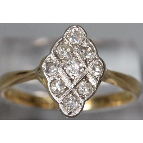 223 - 18ct gold Art Deco nine stone ring of lozenge design.  3.9g approx.  Size S.  (B.P. 21% + VAT)