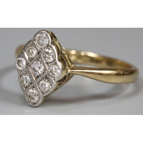 223 - 18ct gold Art Deco nine stone ring of lozenge design.  3.9g approx.  Size S.  (B.P. 21% + VAT)