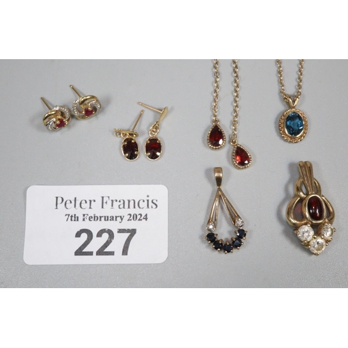 227 - Collection of 9ct gold chains and pendants, earrings, a sapphire and diamond drop pendant etc.  (B.P... 