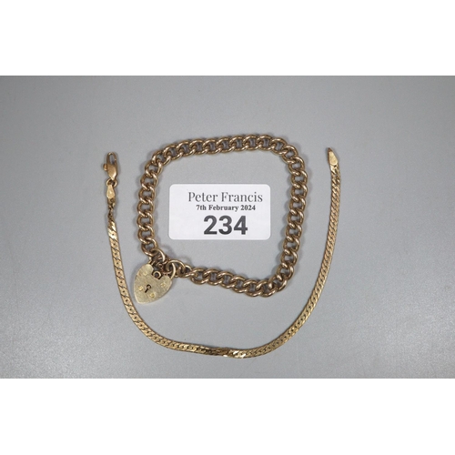 234 - 9ct gold curb link bracelet with heart shaped padlock.  21.2g approx.  together with an 18ct gold he... 