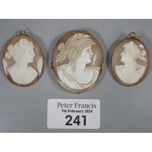 241 - Three 9ct gold cameo portrait brooches.  (B.P. 21% + VAT)