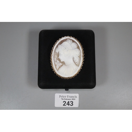 243 - 9ct gold cameo portrait brooch of large proportions in associate box.  (B.P. 21% + VAT)