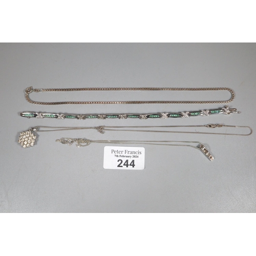 244 - Silver chain together with another silver chain and pendant, silver green and white stone bracelet a... 