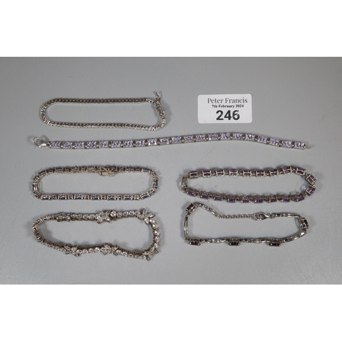 246 - Collection of silver and clear and coloured stone bracelets.  (B.P. 21% + VAT)