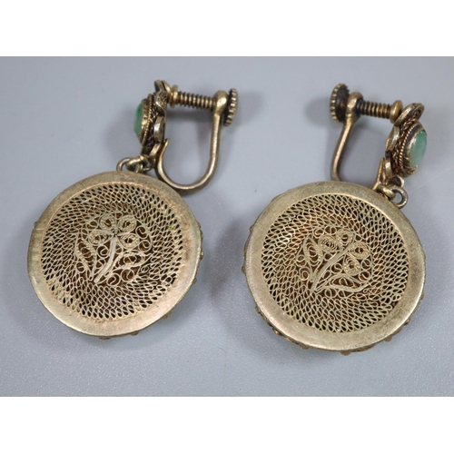 250 - Art Deco design Chinese carved silver gilt green hard stone filigree vinaigrette scent/poison earrin... 