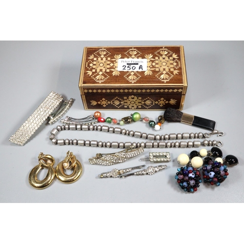 250A - Wooden inlaid box comprising assorted costume jewellery and sterling beaded necklace.  (B.P. 21% + V... 