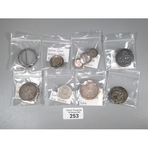 253 - Collection of silver and other brooches to include: 1819 George III coin, German coin, Dutch prisone... 