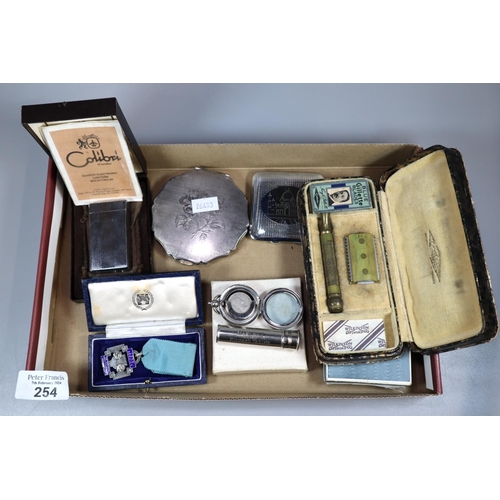 254 - Box of oddments to include: cased Long Service The National Operatic Dramatic Association medal, vin... 