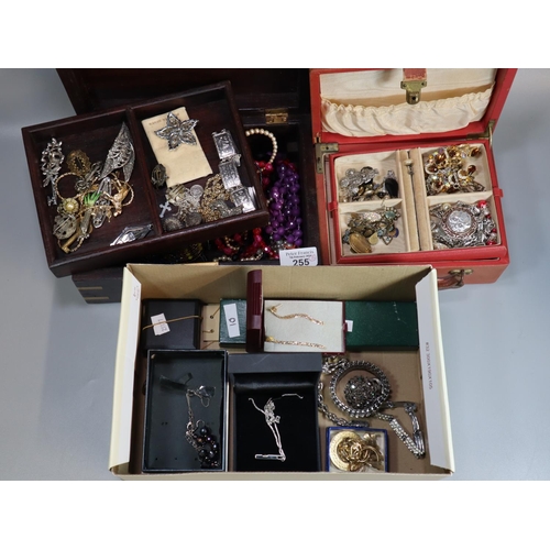 255 - Two jewellery boxes of assorted costume jewellery and a collection of other jewellery to include: ea... 