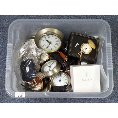 258 - Plastic box of assorted wristwatches, modern pocket watches, alarm clocks, Goliath style pocket watc... 