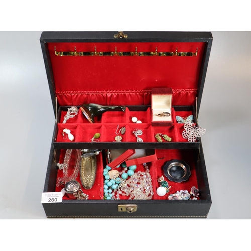 260 - Jewellery box comprising assorted mainly costume jewellery: brooches, earrings, necklaces, silver to... 