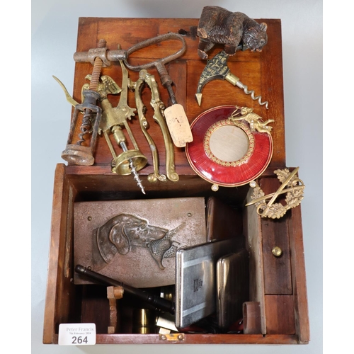 264 - Mahogany microscope box with small collection of specimen slides also containing assorted oddments t... 