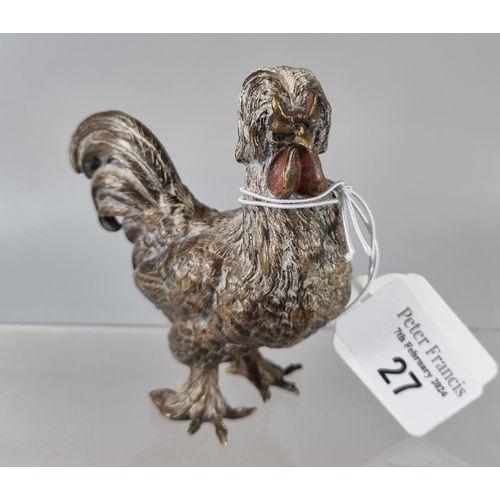 27 - Cold painted bronze study of a standing fancy chicken.  Indistinctly marked.  9cm high approx.  (B.P... 