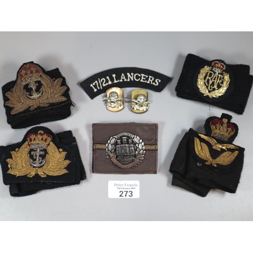 273 - Group of assorted Royal Naval Officer's cap badges WWI and WWII: Royal Airforce cap badge, 17th/21st... 