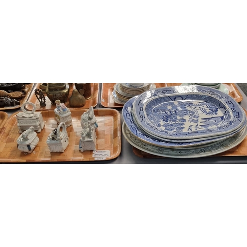 297 - Three trays of china to include: Staffordshire pottery blue and white willow pattern meat plates, tw... 