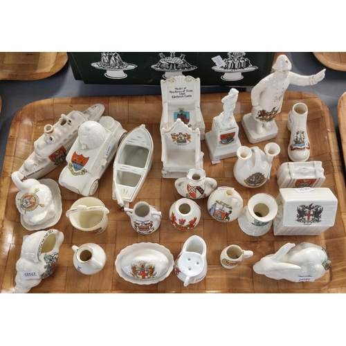 298 - Two trays of Crested Ware to include: collection of long case clocks, model of HMHS Anglia boat, thr... 