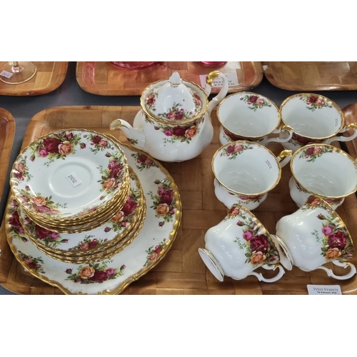 300 - Tray of Royal Albert 'Old Country Roses' tea ware including: teapot, cups and saucers, together with... 