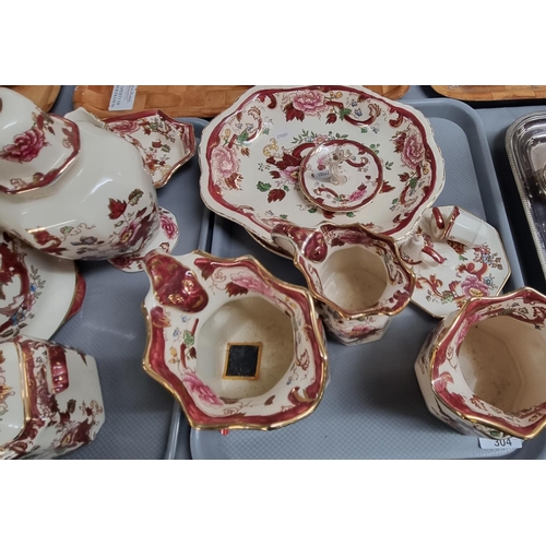 304 - Three trays of Masons Ironstone 'Mandalay Red' design items to include: pouch shaped dresser jugs, p... 