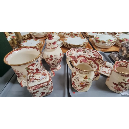 304 - Three trays of Masons Ironstone 'Mandalay Red' design items to include: pouch shaped dresser jugs, p... 