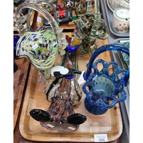 309 - Collection of Art Glass to include: Murano style clown and Murano design baskets etc.  (B.P. 21% + V... 