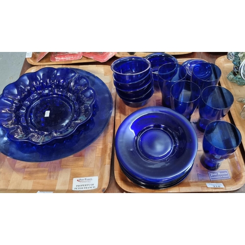 310 - Two trays of Bristol Blue design items and other blue glass to include: tumblers, plates, bowls etc.... 