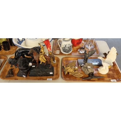 350 - Two trays of animal figurines, various materials to include: eagles on plinths, male lions, gilded b... 