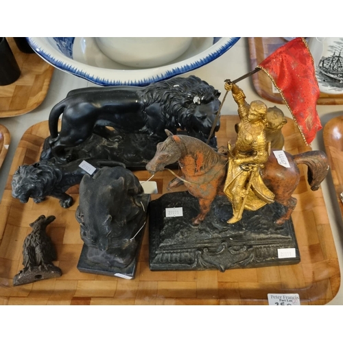 350 - Two trays of animal figurines, various materials to include: eagles on plinths, male lions, gilded b... 