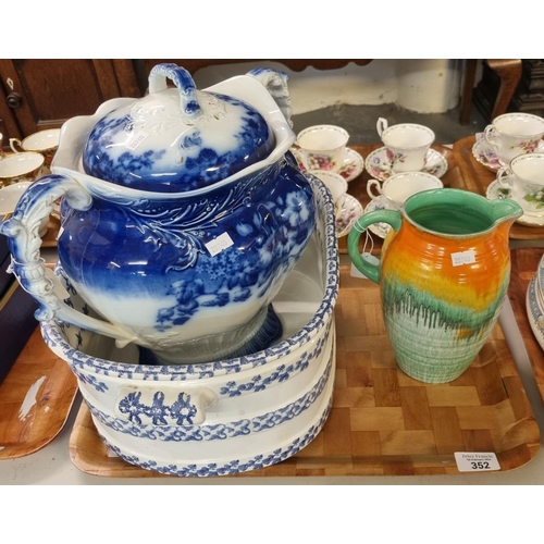 352 - Shelley ceramic glazed jug together with a blue and white transfer printed floral two handled tureen... 