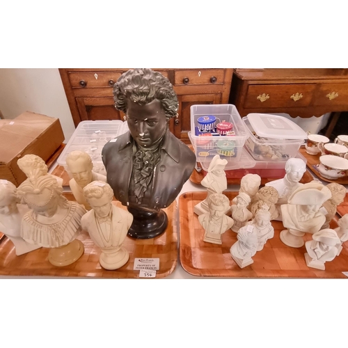 354 - Two trays of mainly resin and Parian Ware style busts of Napoleon, classical composers, Mozart etc. ... 