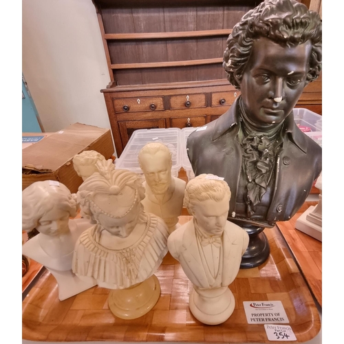 354 - Two trays of mainly resin and Parian Ware style busts of Napoleon, classical composers, Mozart etc. ... 